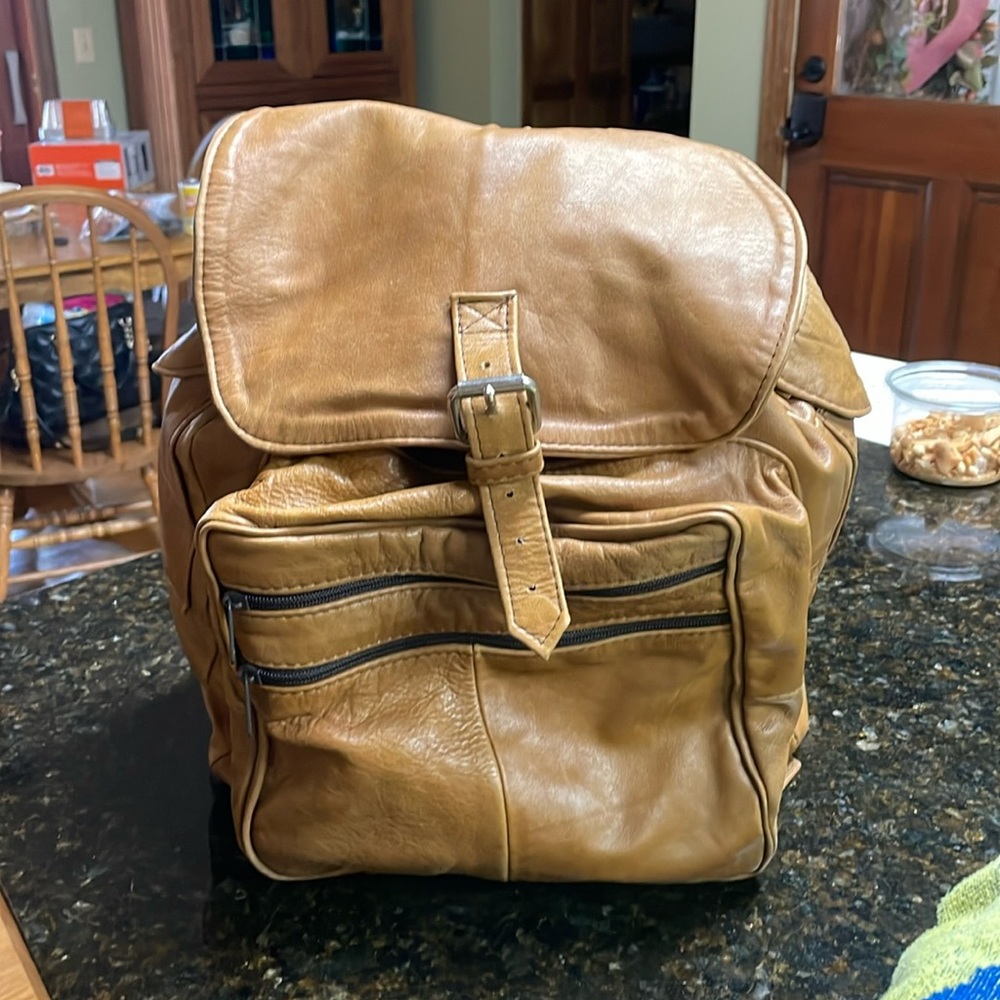 Large leather backpack, a tan color